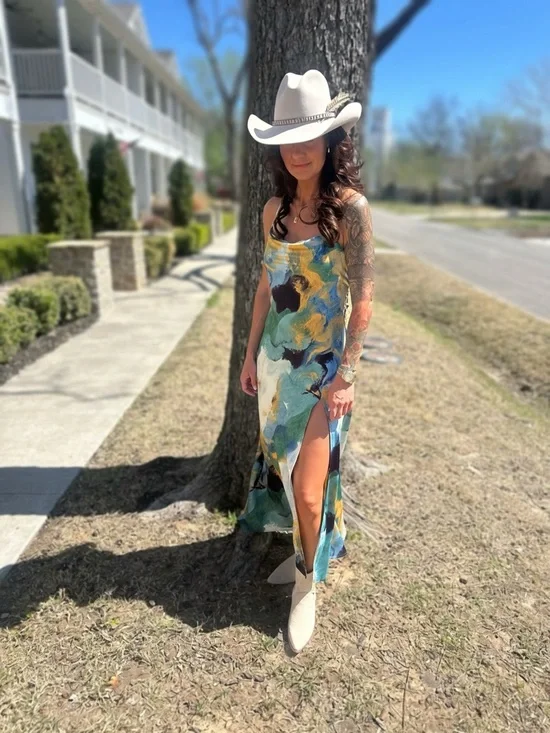 12th Tribe Natalia Blue and Gold Watercolor Maxi Dress Size MM - Picture 5 of 5